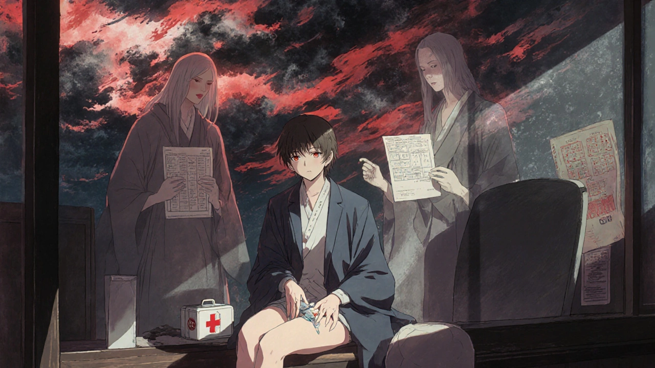 A patient injects emergency hydrocortisone at night, haunted by dismissive medical ghosts and glowing hormone storms.