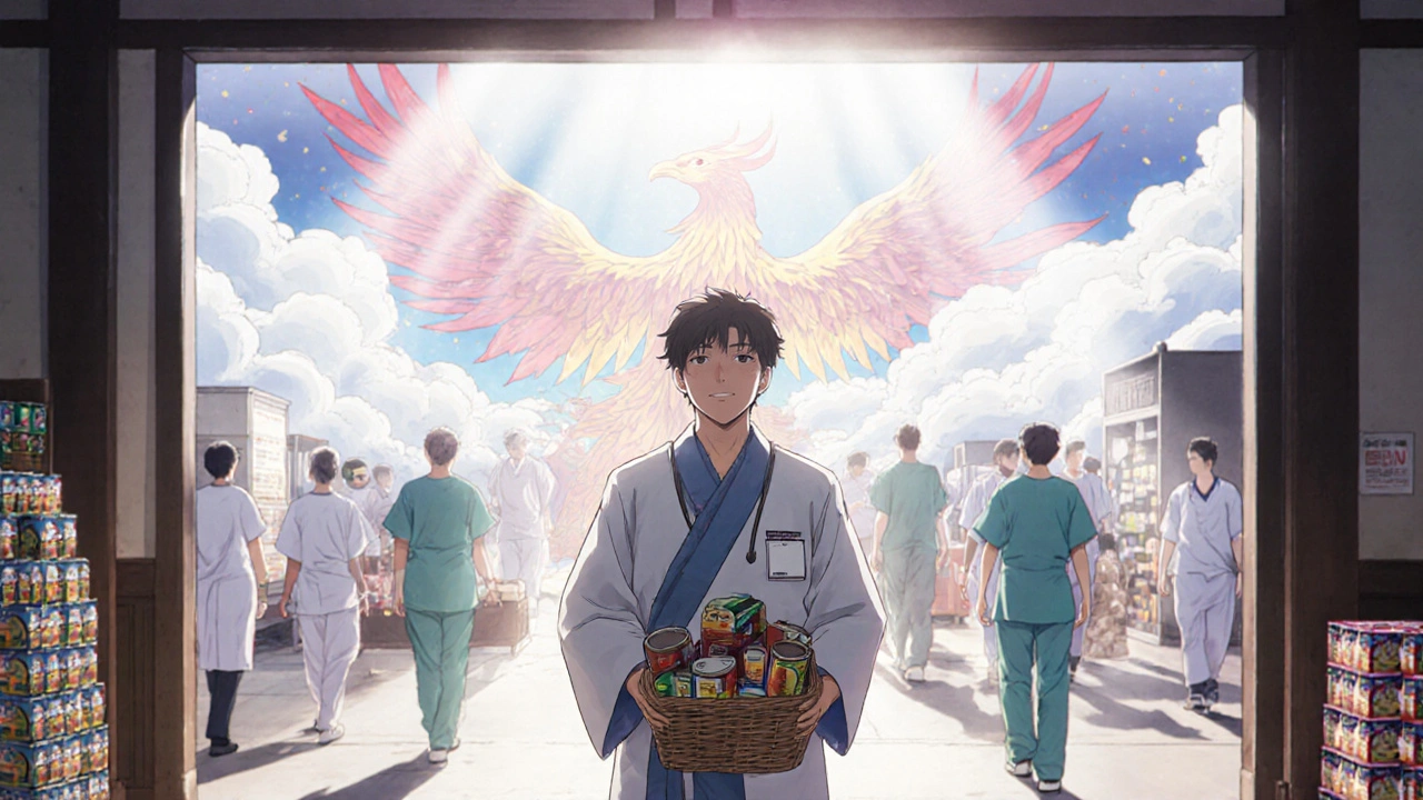 A patient stands at a food bank entrance, holding donated goods as sunlight breaks through clouds.