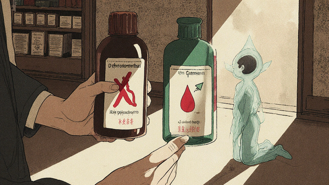A pharmacist holds two labeled bottles as a cough spirit chooses its path, traditional Japanese aesthetic.
