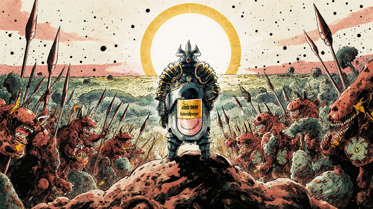 A probiotic warrior battles C. diff demons in a symbolic gut battlefield, surrounded by fermented foods and rising sunlight