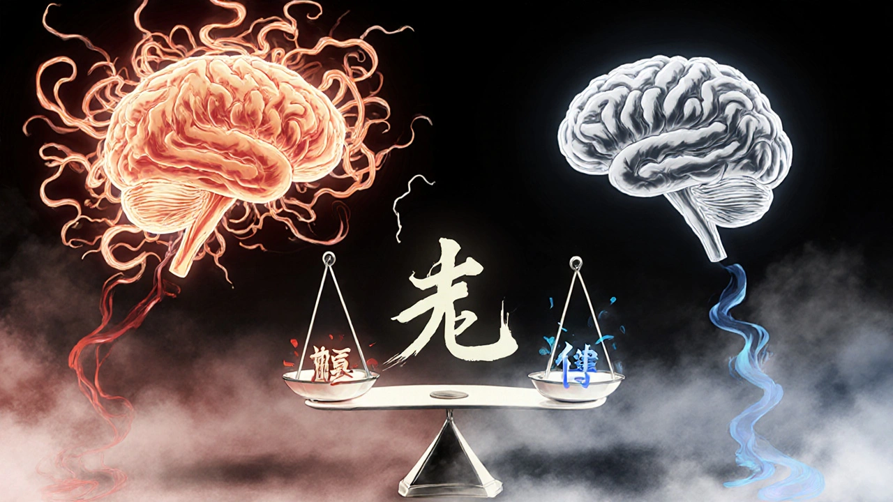 A split brain illustration: one side chaotic and vibrant, the other quiet and dim, with fading neurotransmitter symbols floating between them.