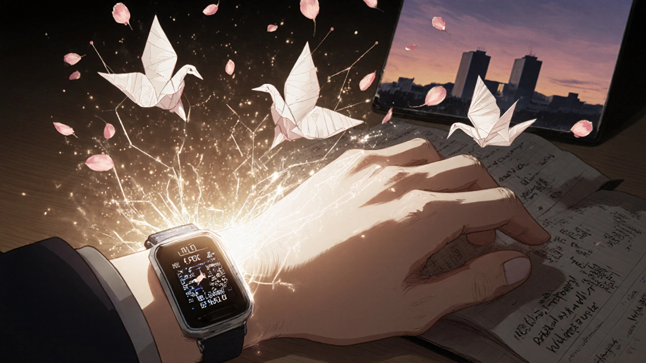 A wearable patch emitting data streams shaped as origami cranes, blending AI monitoring with handwritten symptom journal petals.