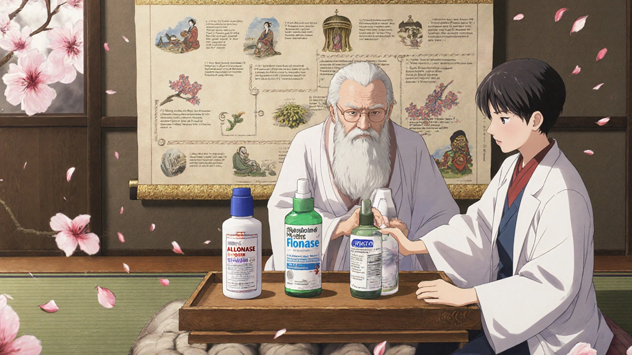 An elderly doctor presenting allergy treatment options on a wooden tray, with a historical scroll in the background.