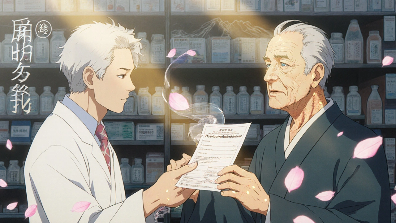 An elderly man receives a prescription, sun-induced rash visible on his neck as cherry petals drift through the air.