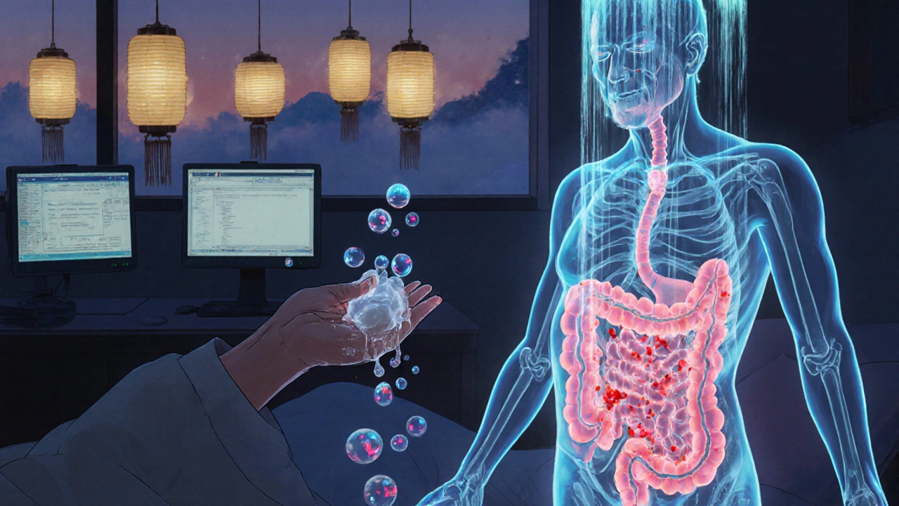 An elderly patient in a hospital room with translucent gut flora, C. diff spores glowing red, while soap washes away danger