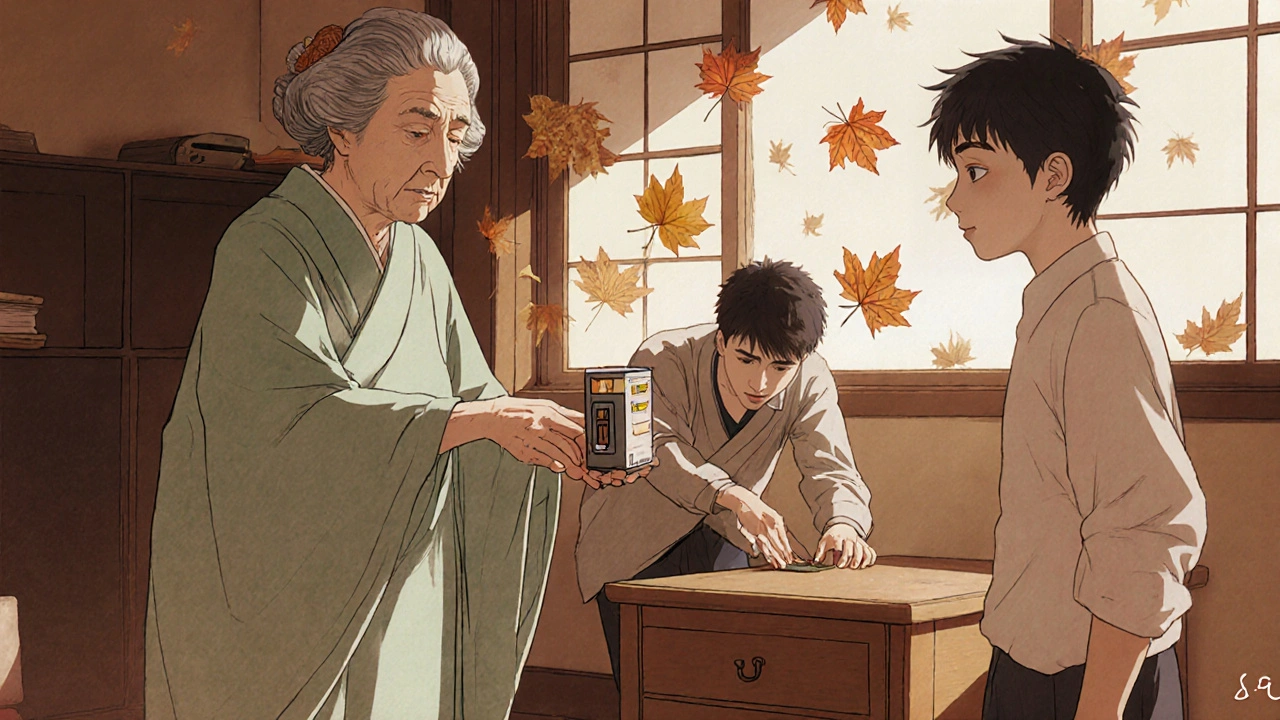 An elderly woman giving a locked pill dispenser to a child, while a teen reaches for unlocked meds in the background.