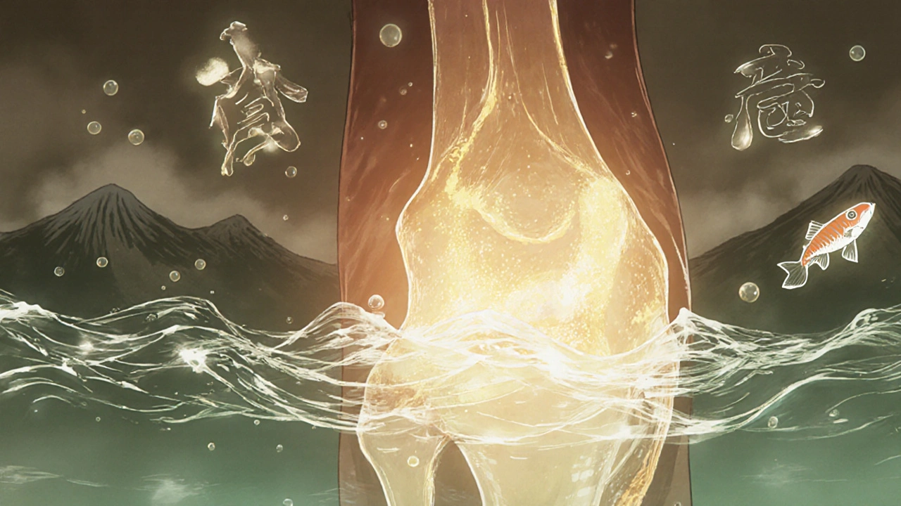 An illuminated joint with ultrasound waves revealing inflammation, koi-like microbubbles, and traditional Japanese aesthetic elements.