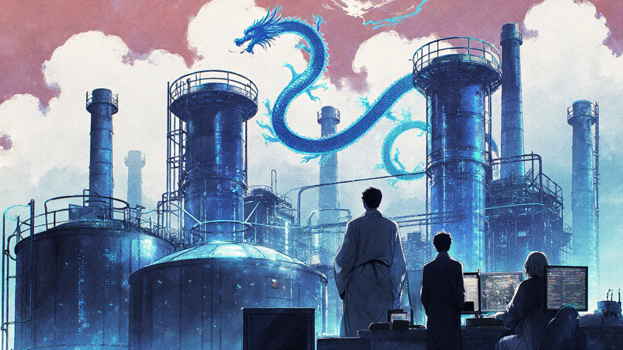 Chinese API plant with glowing vats and dragon-shaped data streams in ink-wash style