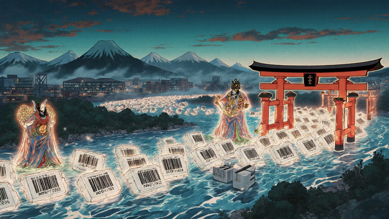 Digital supply chain as a river of barcodes flowing through torii gate verification points.