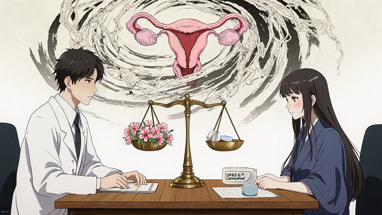 Doctor and patient at table with scale balancing uterus and bones, gene strands and new drug swirling in background.