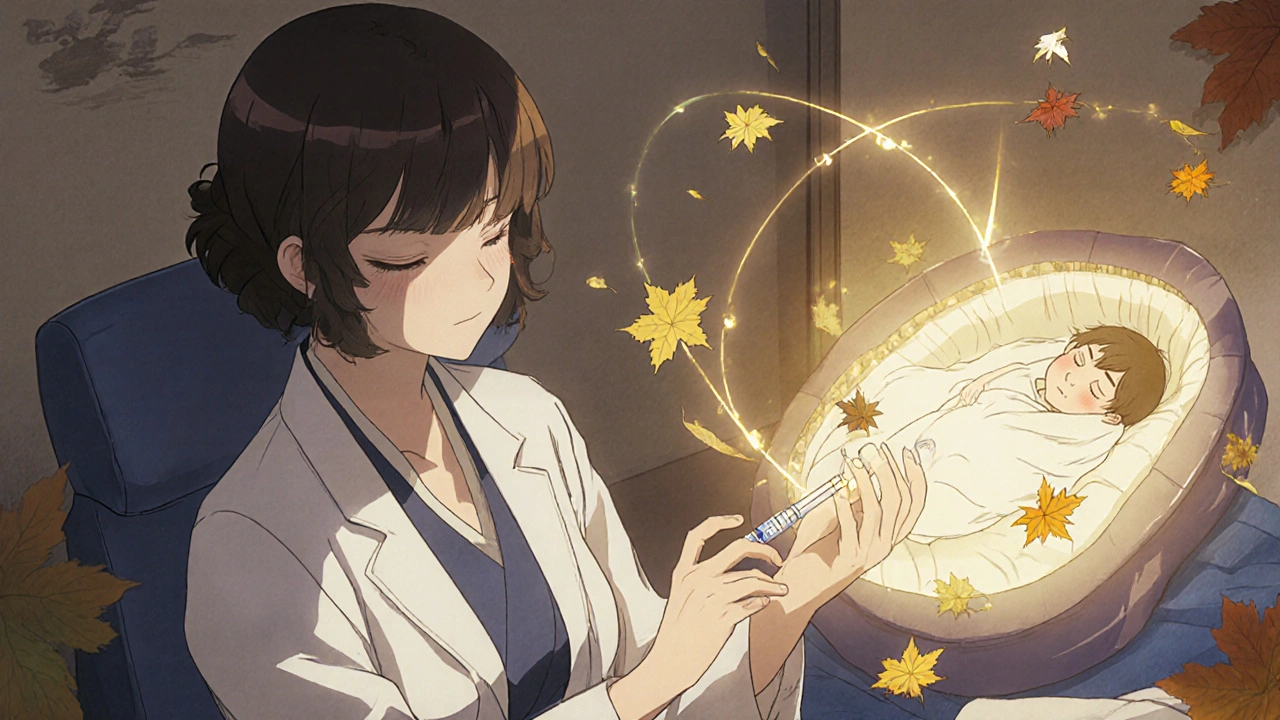 Doctor giving Tdap vaccine to pregnant woman as a spectral newborn glows in golden light.