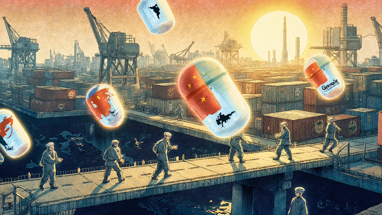 Global generic drug factories depicted in ukiyo-e style, with floating vials and country silhouettes under sunrise glow.