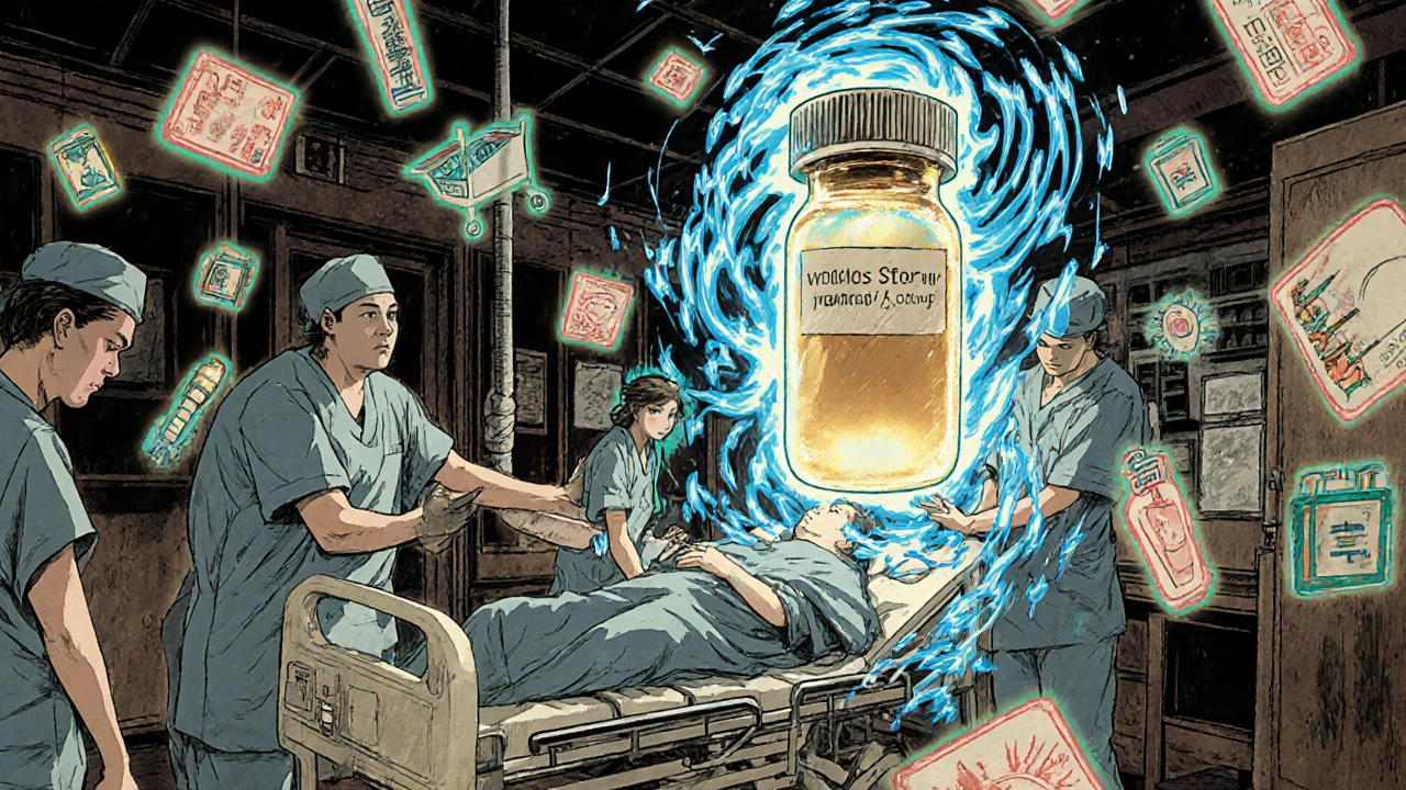 Medical team administering IV pre-medication in emergency room with glowing safety icons.