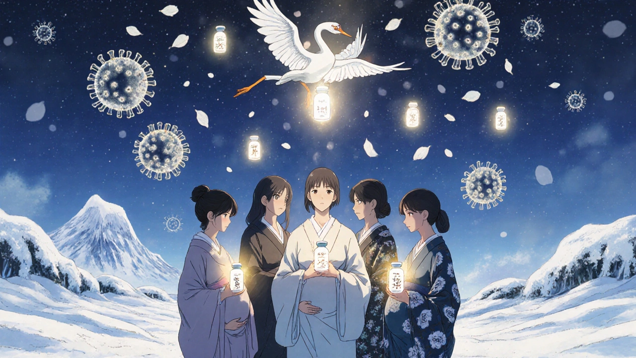 Mothers holding vaccine vials that form a constellation of protected infants under winter sky.