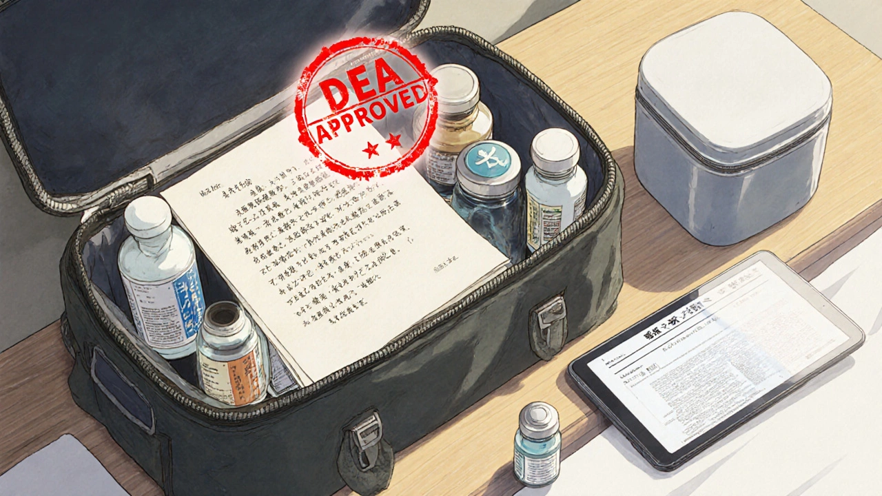 Open carry-on with labeled medication bottles, translated letter, and insulin cooler.