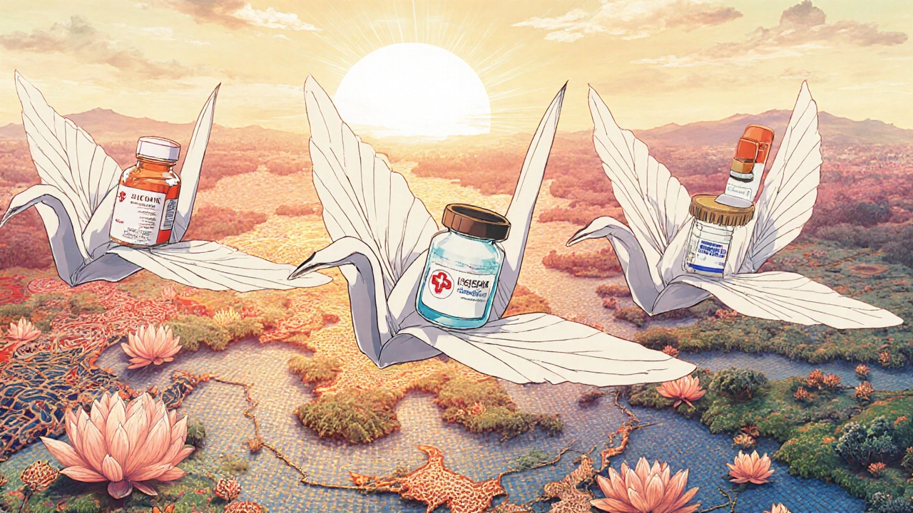 Paper cranes carrying medical supplies over ASEAN trade routes with traditional motifs