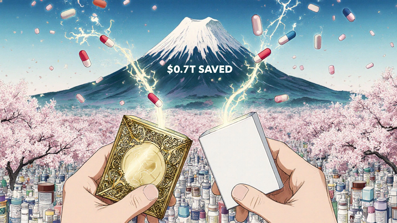 Patient holding branded and generic pills that dissolve into identical molecular streams flowing into a heart, surrounded by falling cherry blossoms.