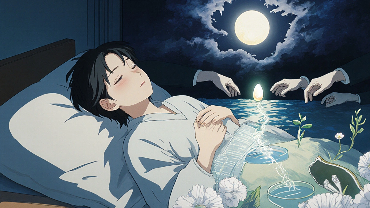 Patient sleeping peacefully as a glowing implanted device pulses, with ancestral hands passing a safety pearl.