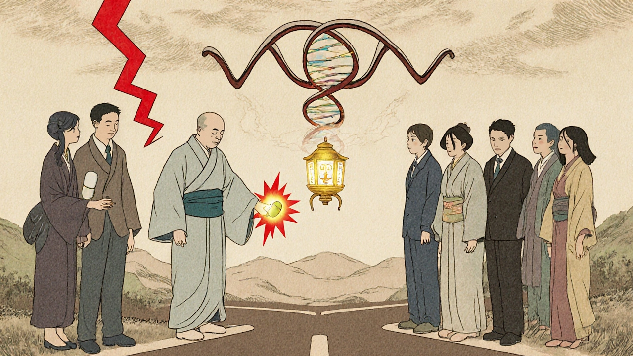 Patients choose between dangerous simvastatin and safe pravastatin, guided by a golden lantern and genetic symbol.