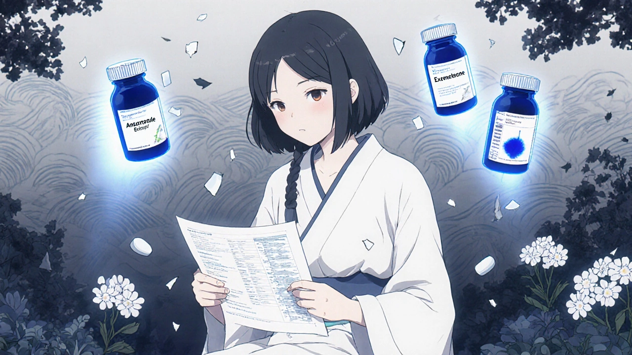 Postmenopausal woman in garden with crumbling bone fragments and AI pills emitting blue energy, DEXA report in hand.