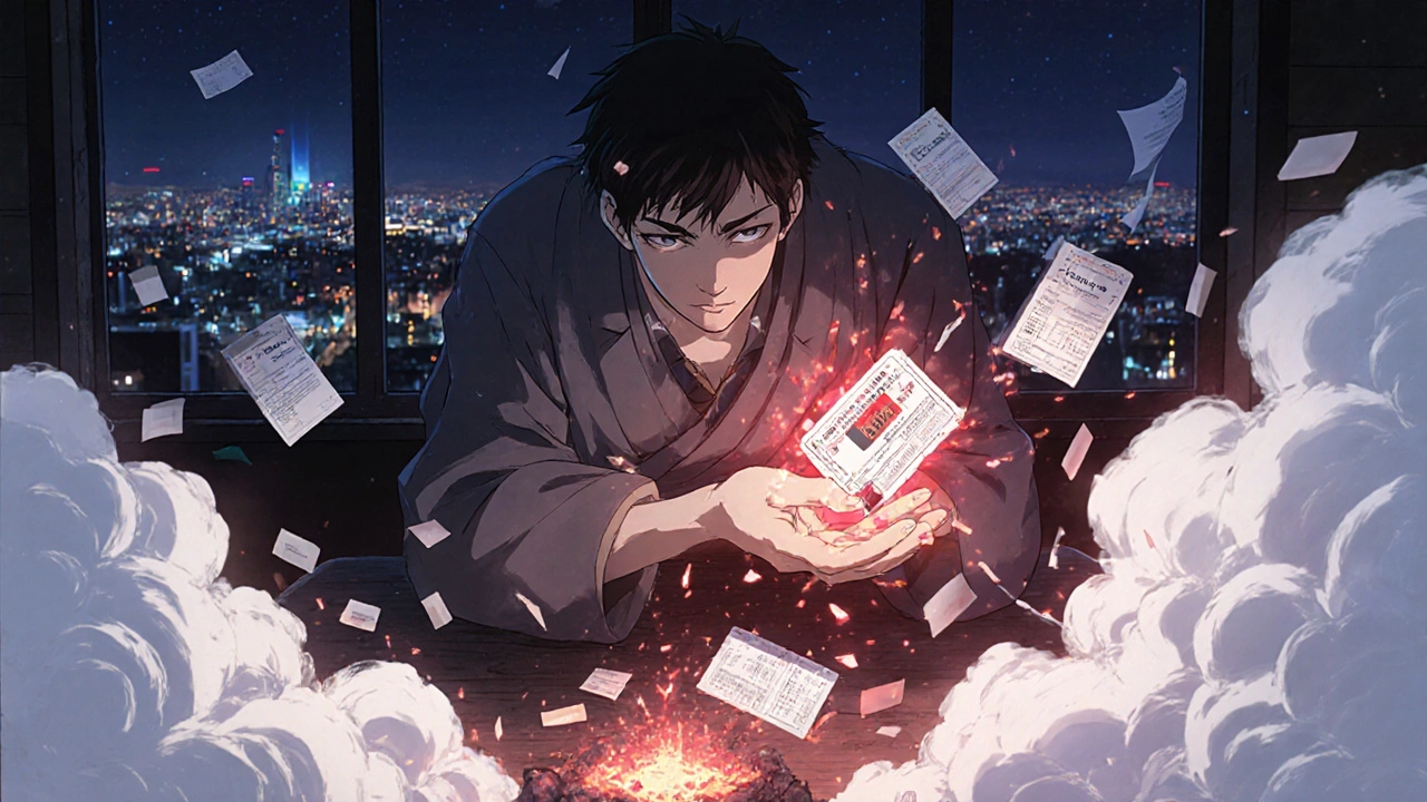 Small pharmacy owner destroying counterfeit drugs as one verified pill glows safely in hand.