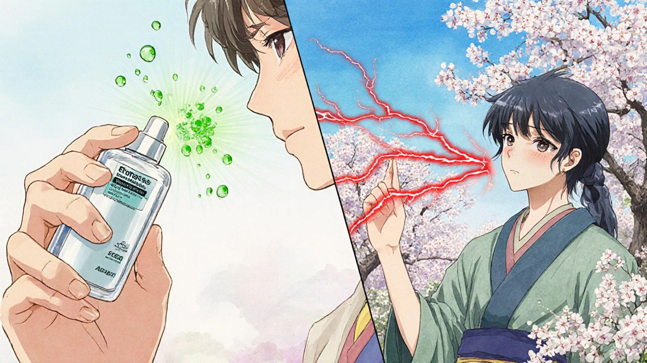 Split scene showing Flonase and Astelin working differently against allergy triggers in a cherry blossom garden.