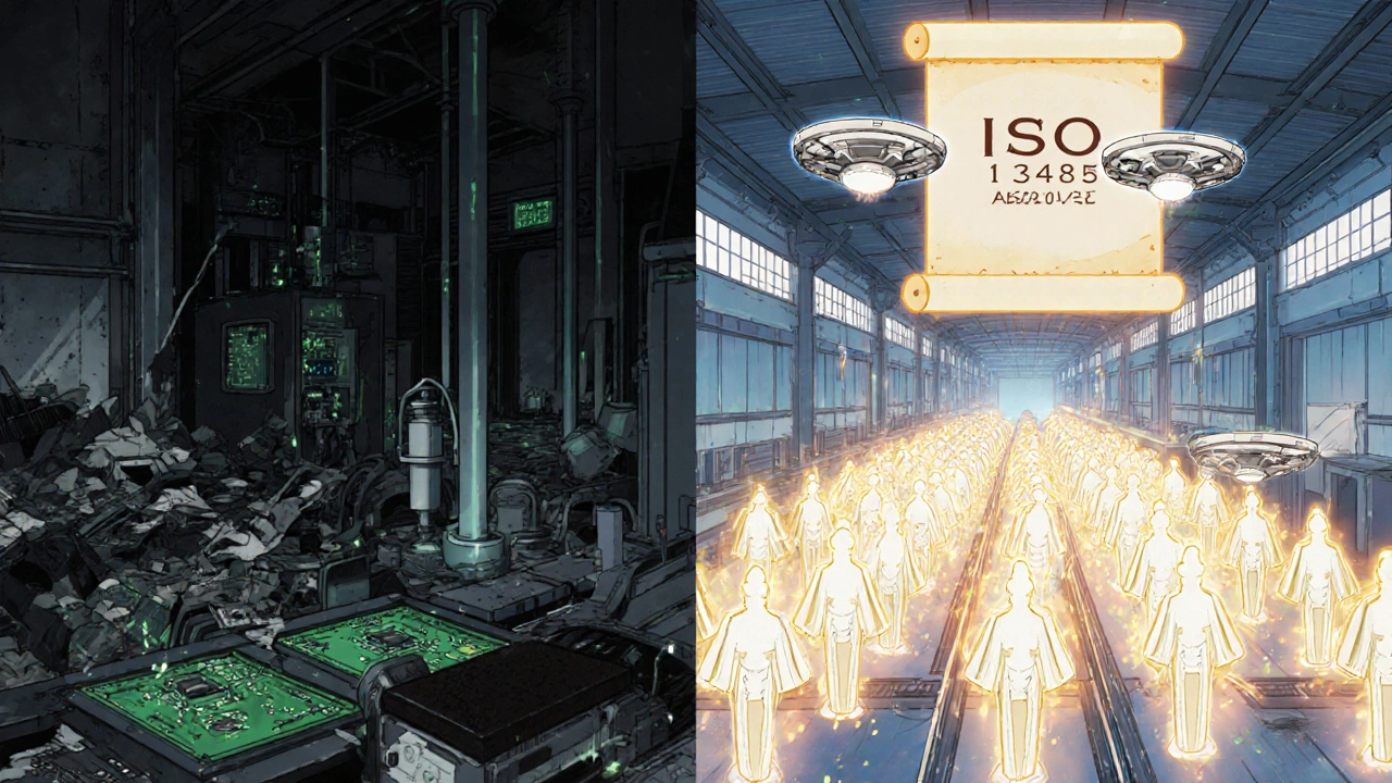 Split-screen of chaotic vs. harmonious medical device production with AI spirits scanning devices.