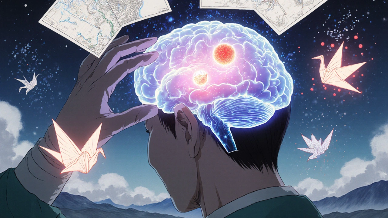 Surgeon performing brain surgery with holographic maps and tumor cells as paper cranes.