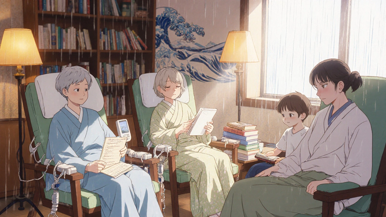 Three dialysis patients share a quiet moment reading letters and organizing books in a clinic lounge.