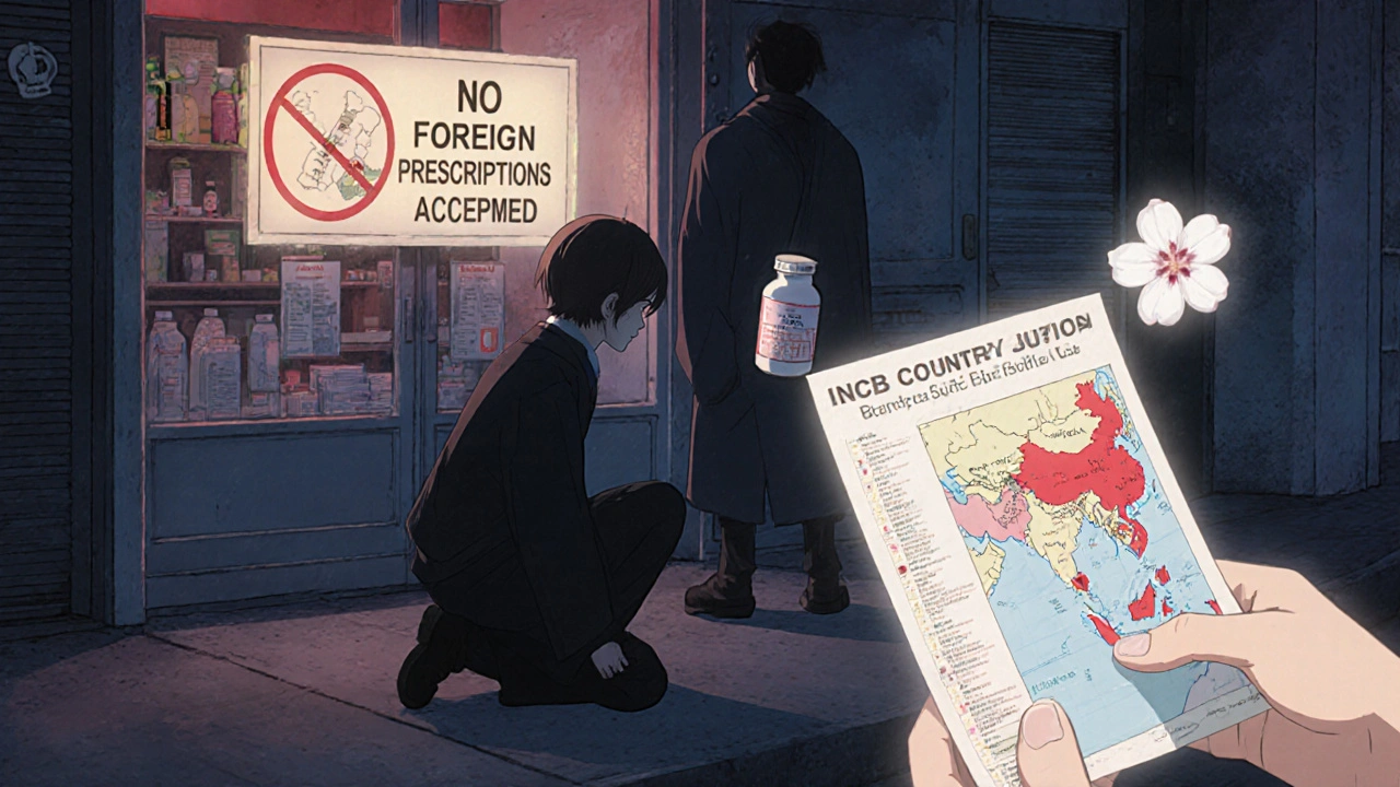 Traveler outside closed pharmacy, global map with red warnings, cherry blossom falling.