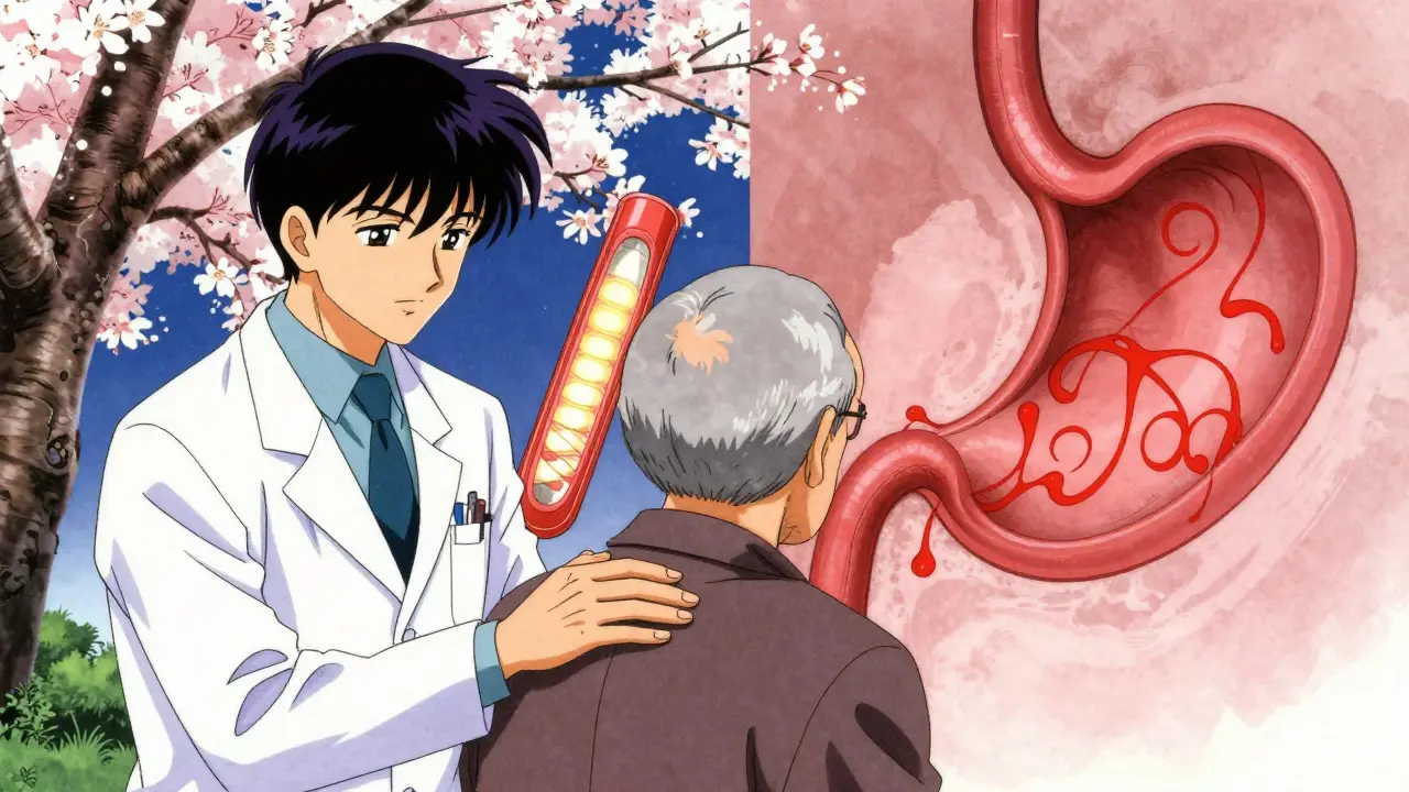 A cardiologist comforts an elderly patient, with a split visual showing a healthy stent and a bleeding stomach lining, framed by blooming cherry trees.