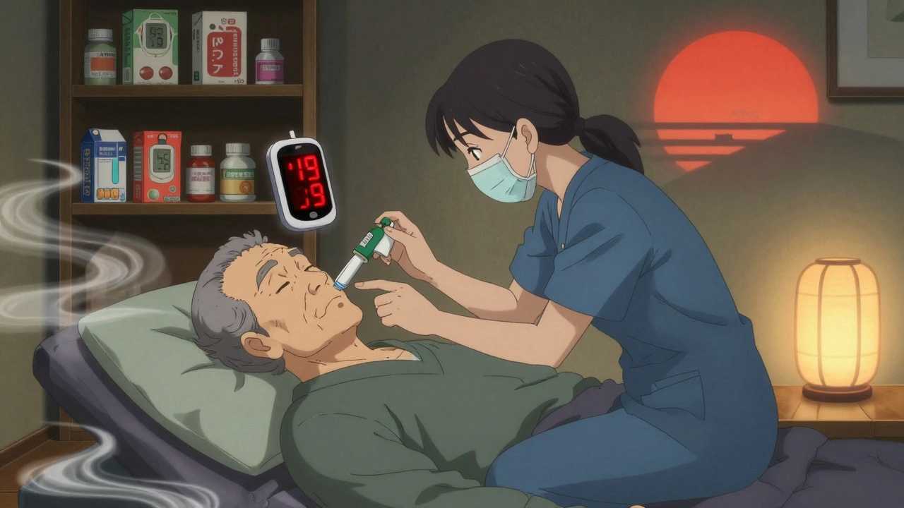 A caregiver administers nasal glucagon to an unconscious senior, with medical alerts floating above them in a warm, softly lit room.