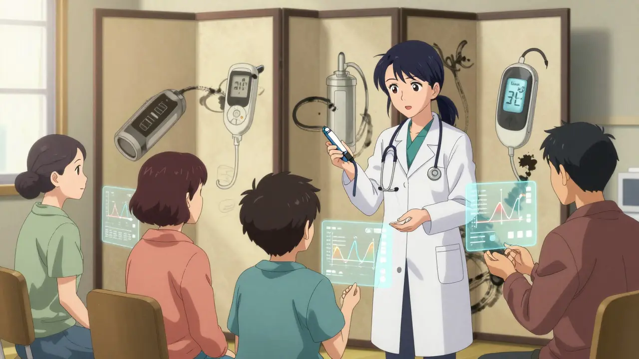 A diabetes educator teaches patients in a clinic, holographic insulin graphs floating like ink brushstrokes.