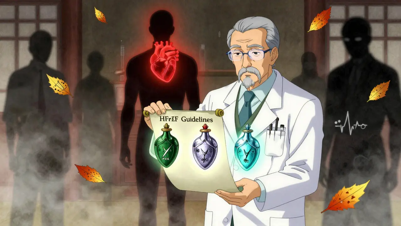 A doctor presents three sacred heart failure beta-blockers as glowing talismans in a traditional Japanese medical temple setting.