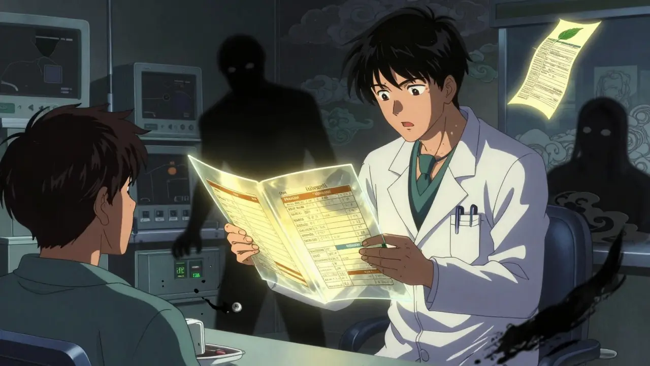 A doctor reviewing a glowing binder in an ER, medication history radiating light as harmful errors dissolve into ash.