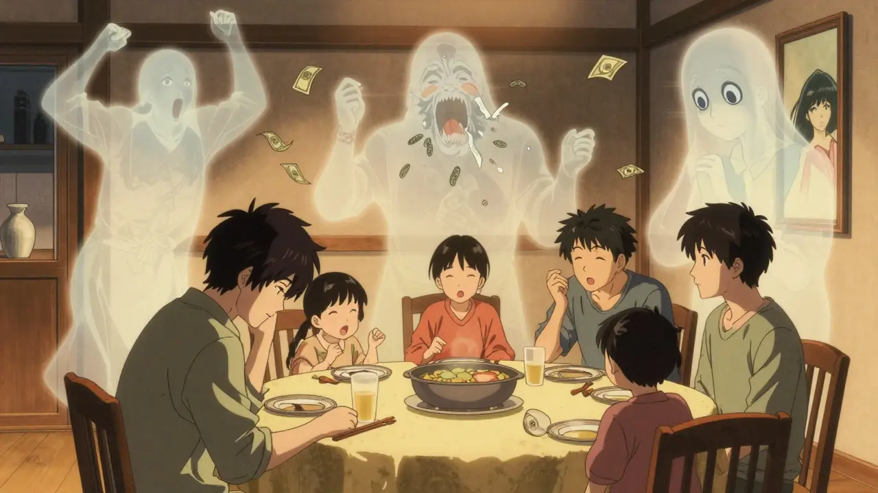 A family dinner scene where ghostly figures of past manic episodes float above a withdrawn person, rendered in ink wash style.