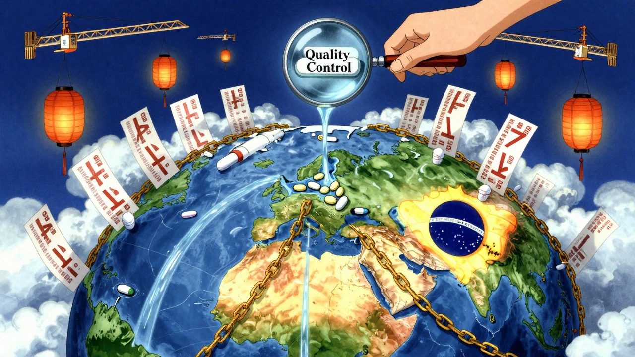 A fractured globe showing generic medicine flows in India and Brazil, while the U.S. is bound by patent chains.