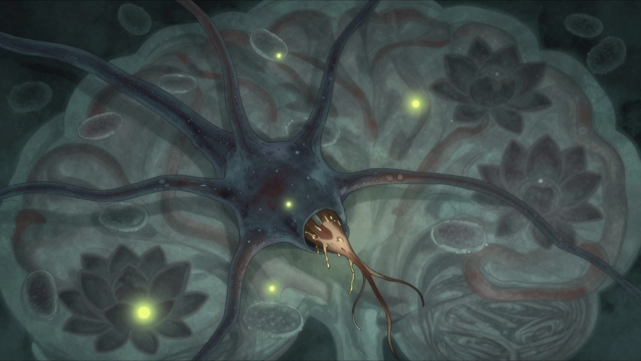 A fraying neuron axon surrounded by dimming mitochondria in a shadowy brain environment.