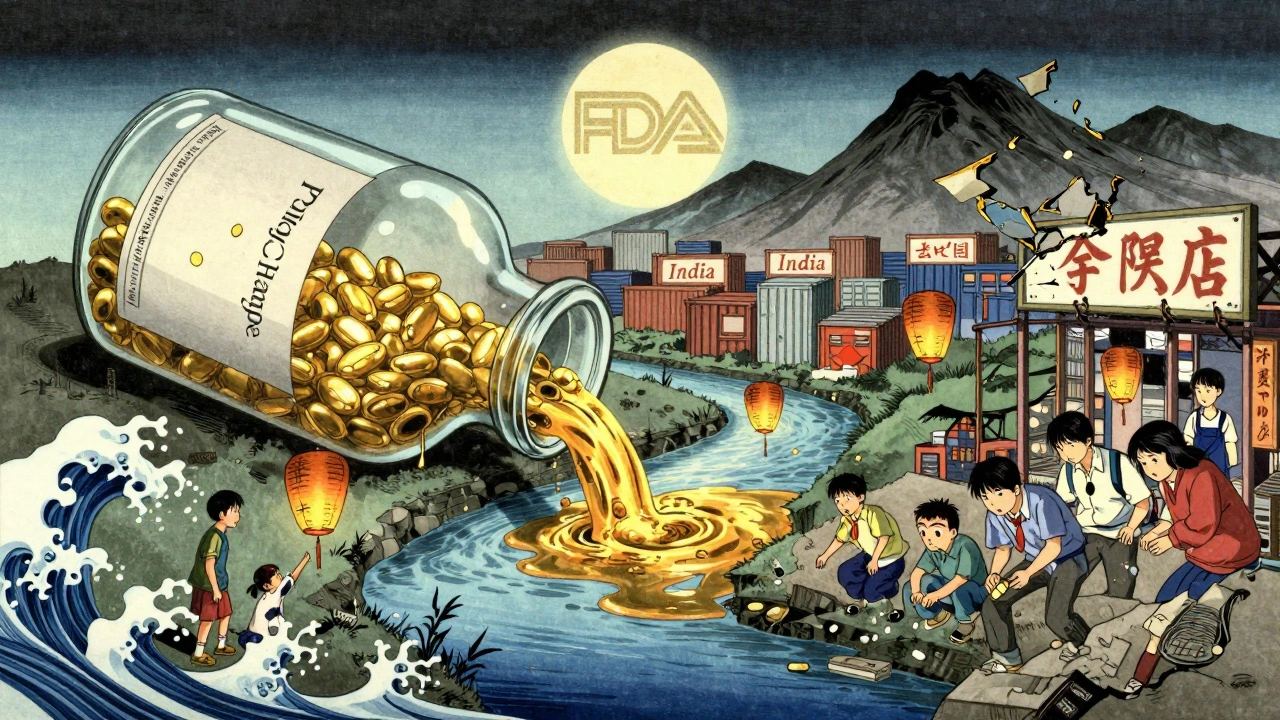 A giant broken vial spills gold into a river dividing a city, symbolizing medicine scarcity and policy divide under an FDA moon.