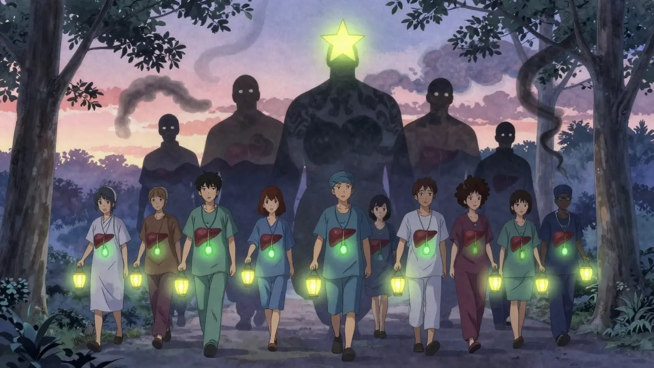 A group of people walking at dawn with health-themed lanterns, guided by bright antipsychotic symbols.