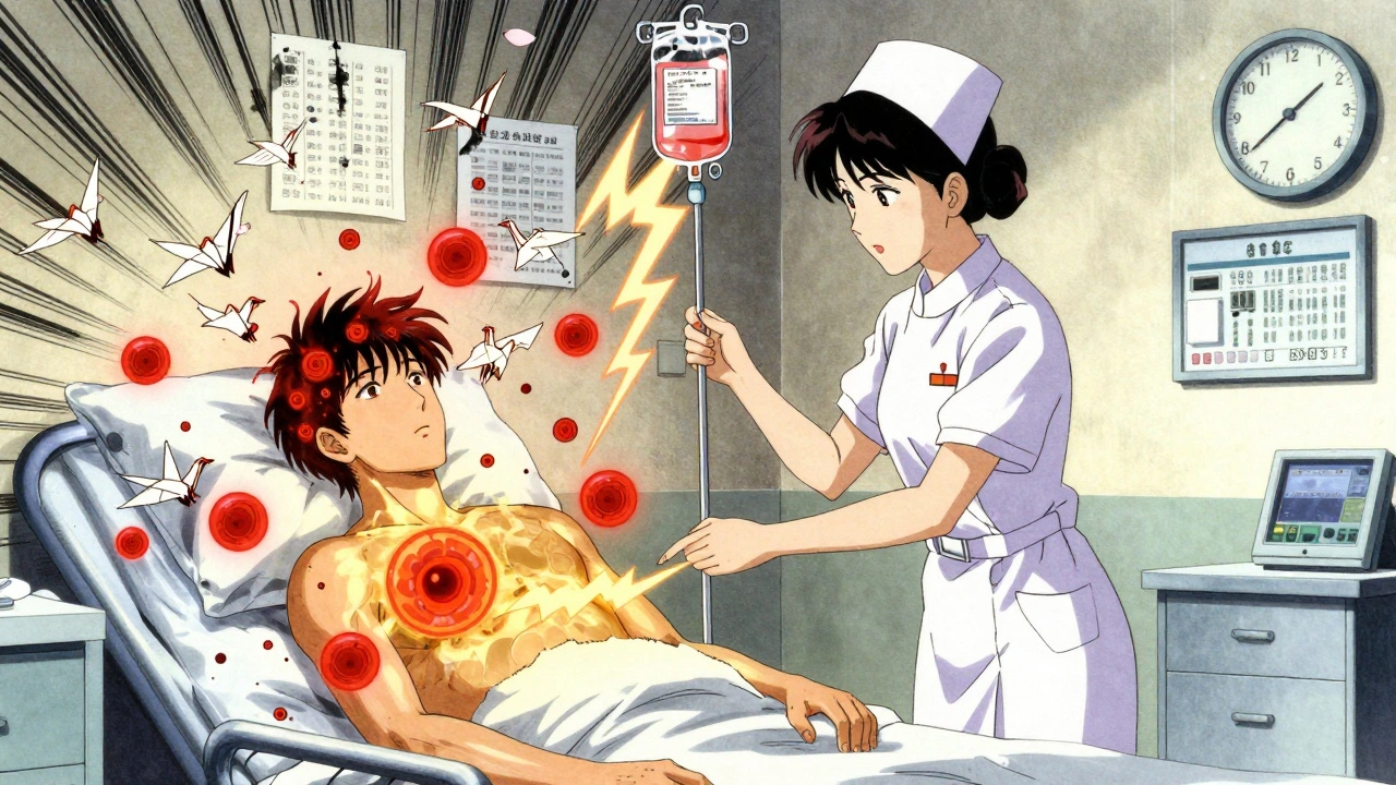 A nurse gives IV steroids in a hospital room, energy lines and paper cranes calm immune response.