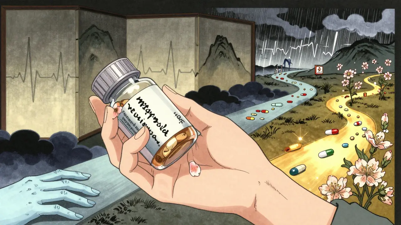 A patient's hand holds a pill bottle, with surreal paths showing side effects and benefits of different beta-blockers in ukiyo-e anime style.