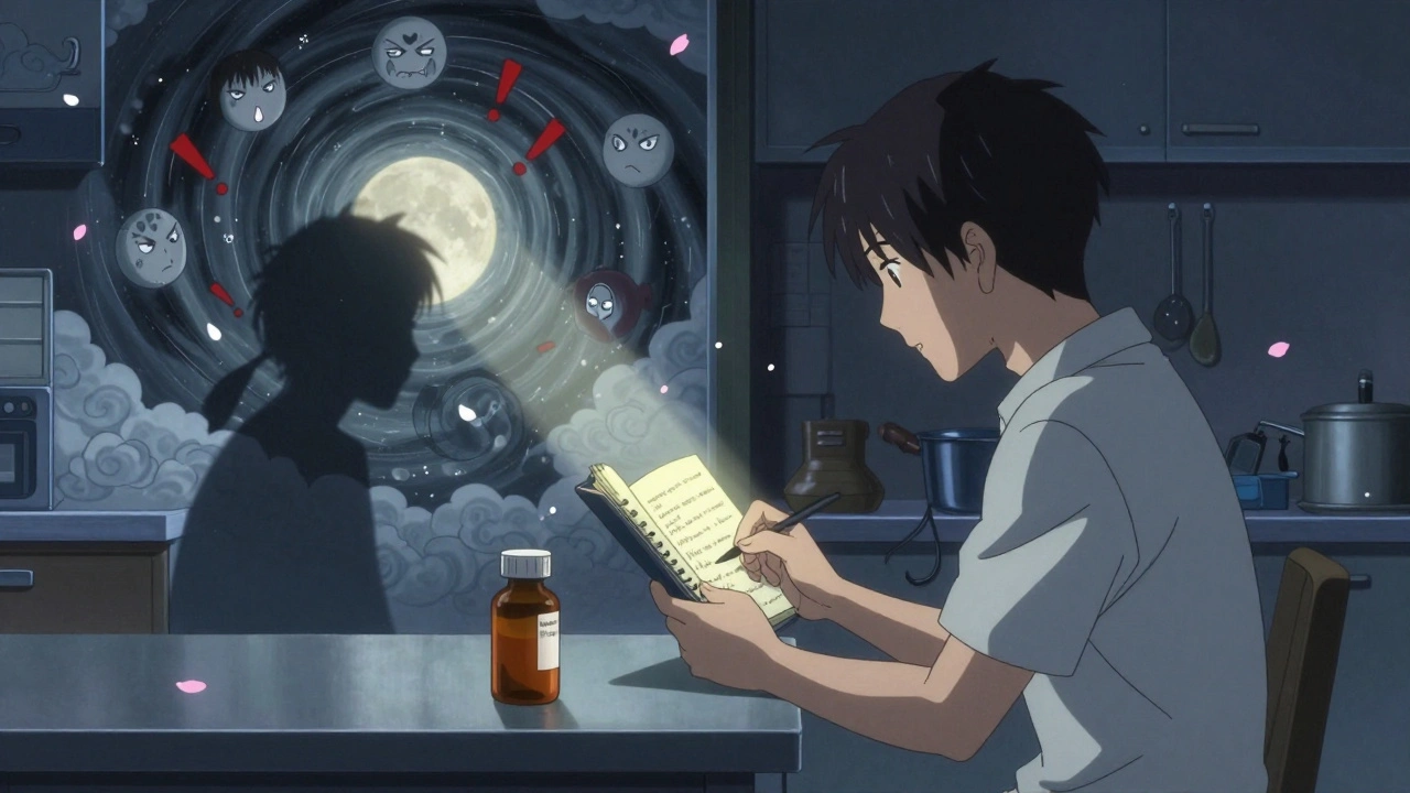 A patient journaling at night with negative reviews swirling as shadows, but a brand label visible on the bottle.