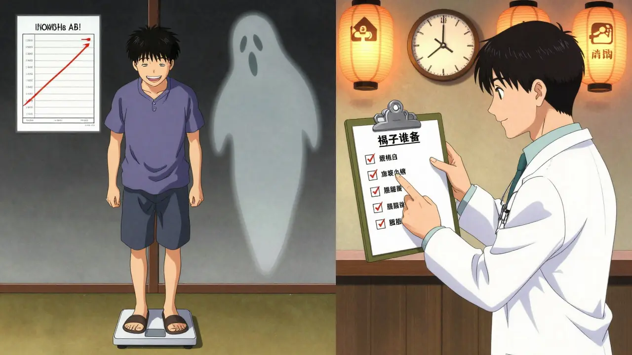 A patient on a scale with invisible rising blood sugar levels, while a doctor checks medical tests.