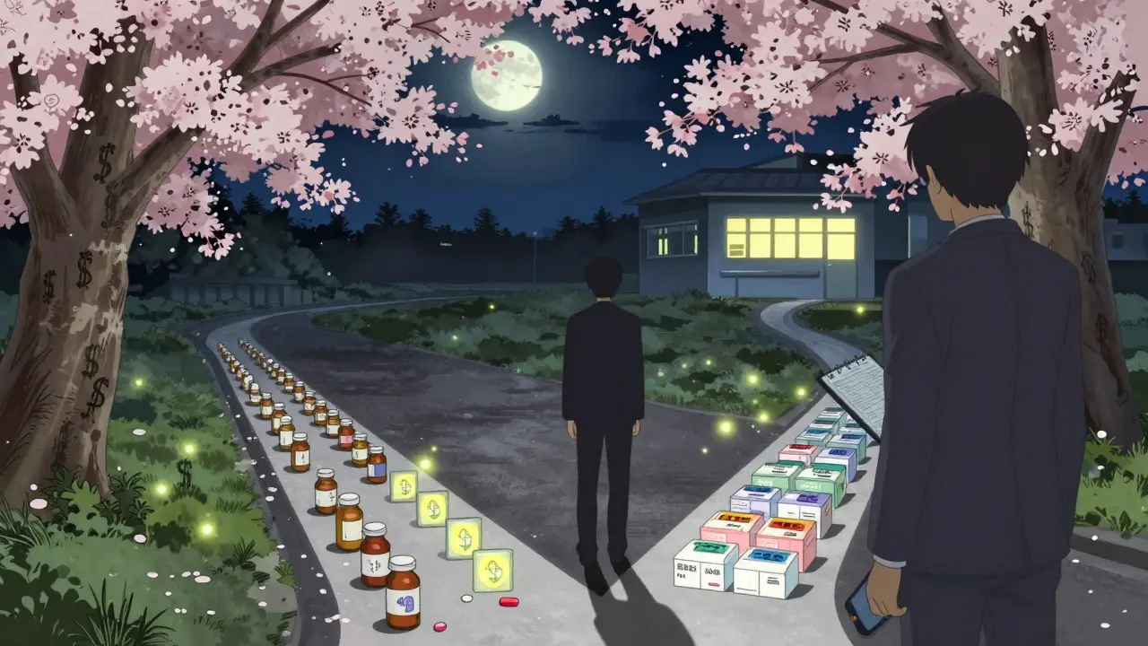 A person at a crossroads choosing between chaotic medication waste and organized, alert-guided health management under cherry blossoms.