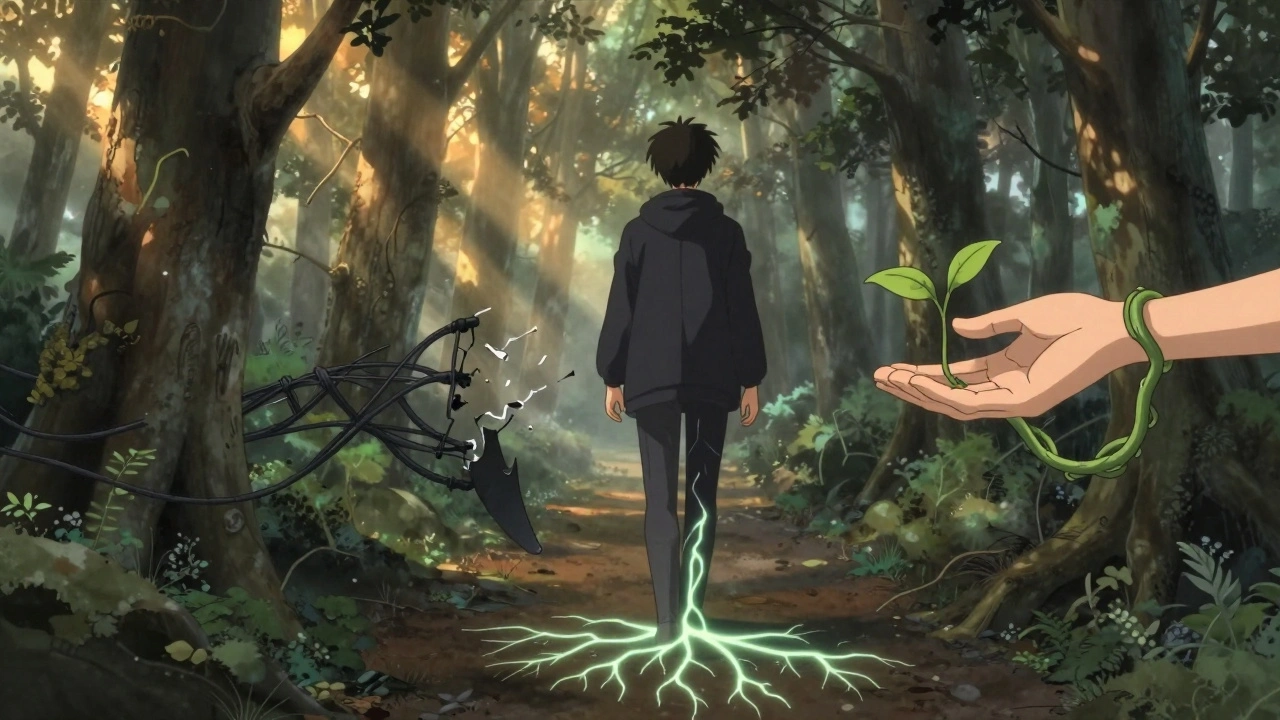 A person walking through a forest with glowing neural roots, symbolizing nerve preservation.