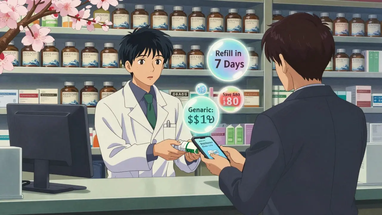 A pharmacist handing a prescription at a pharmacy, with glowing refill alerts and ukiyo-e-inspired medicine shelves in twilight.