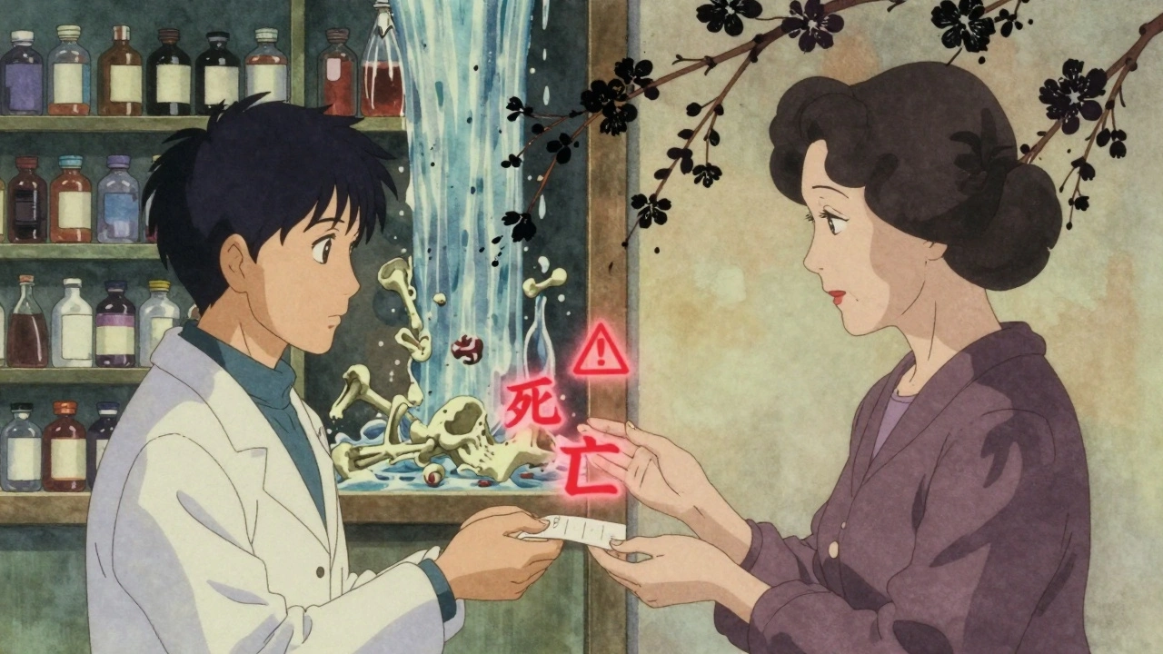 A pharmacist handing medicine to a woman as glowing warning symbols float between them, bottles turning to bones.