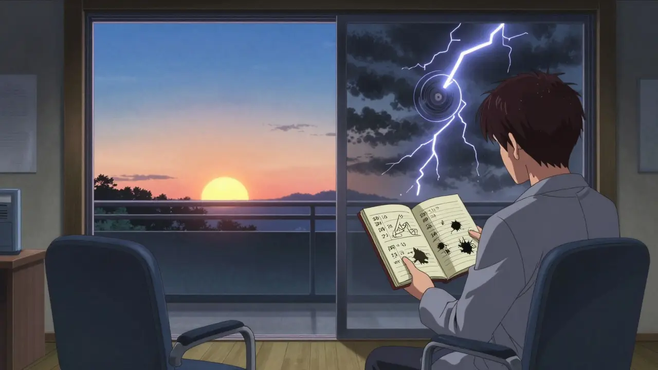 A psychiatrist's office at twilight, with a mood journal open and a split sky behind showing calm sunrise and stormy lightning.