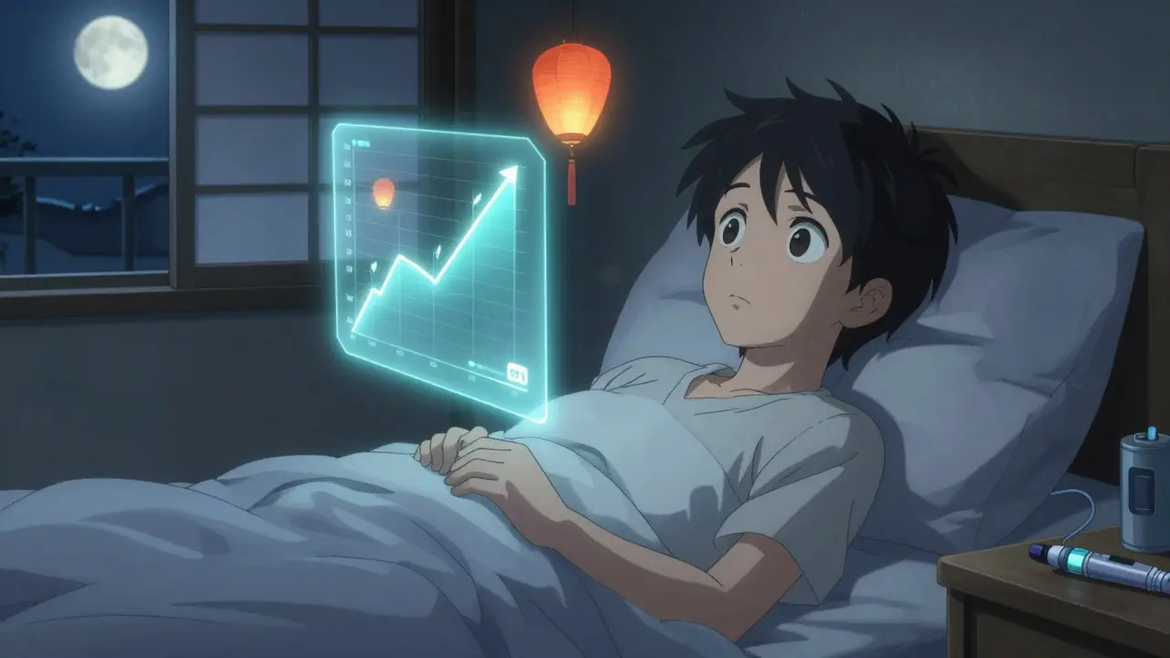 A teenager in bed watches a glowing CGM display as their insulin pump pulses softly in the moonlight.